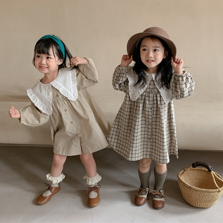 韓国子供服 オシャレ ワンピース リゾート チェック 大きい襟付き キッズワンピース 女の子 韓国キッズ ベビー マタニティ キッズファッ