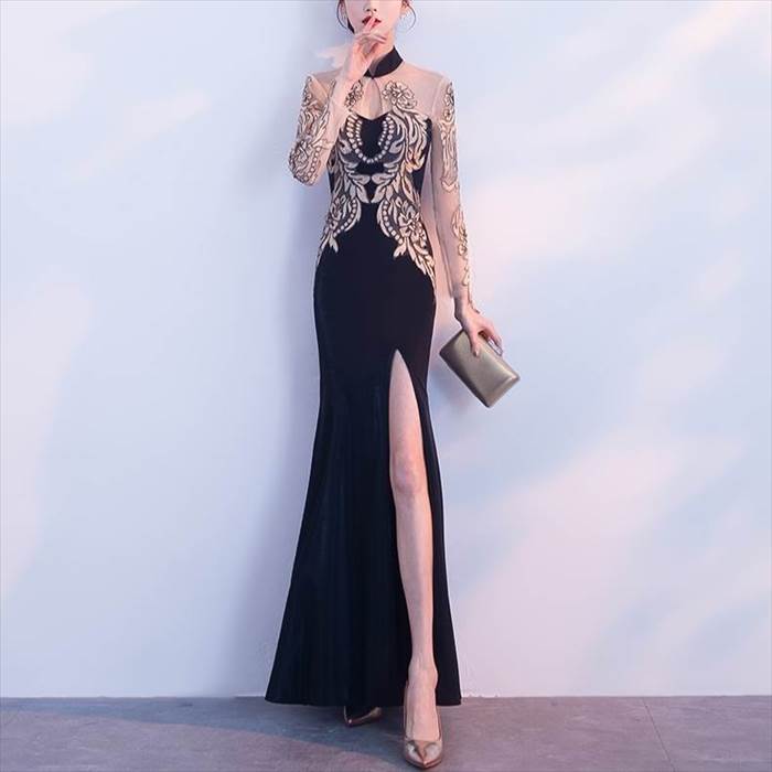 フィッシュテールブラックドレス ワンピース ドレス スリット ゴージャス ウエディングドレス 人気 インポートファッション 綺麗目 美脚